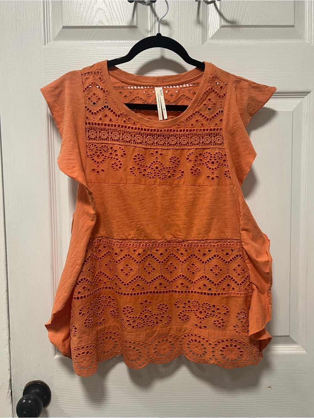 By Anthropologie XL Orange Terracotta Eyelet Embroidered Flutter Sleeve Top